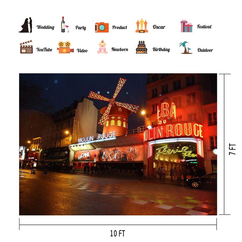 PHMOJEN Paris Moulin Rouge Backdrop 10x7ft Night Street Scenery Photography Background Studio Props LYPH849 - Image 2